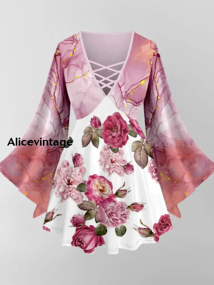 Floral Art Print V-Neck Long Sleeve Top A / XS
