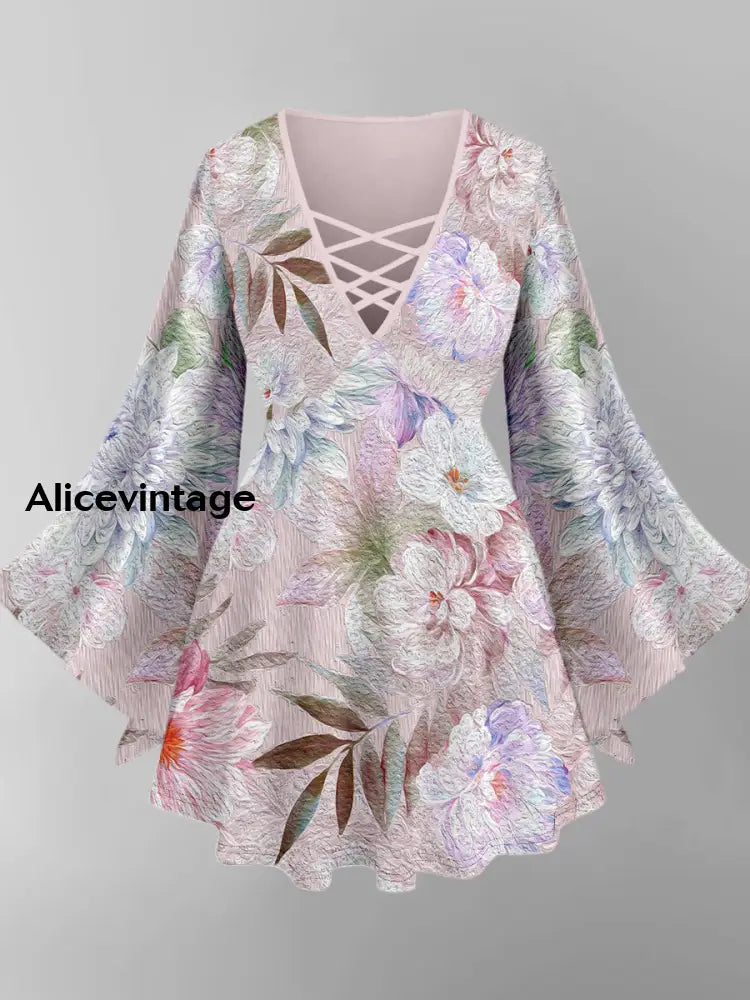 Floral Art Print V-Neck Long Sleeve Top A / XS