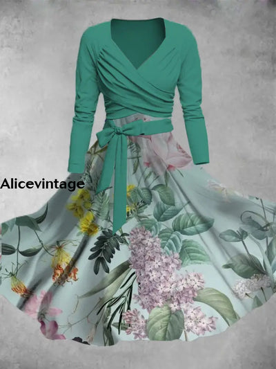 Floral Art Print V-Neck Long Sleeve Two Piece Vintage Midi Dress A / S