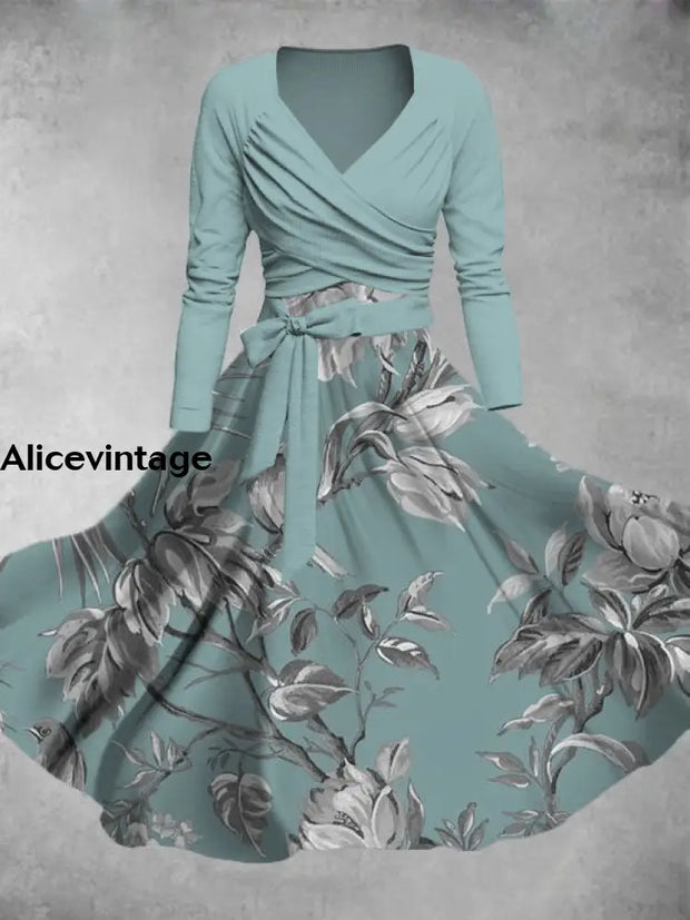 Floral Art Print V-Neck Long Sleeve Two Piece Vintage Midi Dress A / S