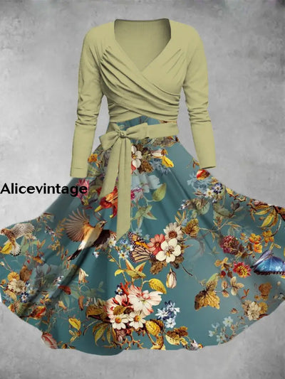 Floral Art Print V-Neck Long Sleeve Two Piece Vintage Midi Dress A / S