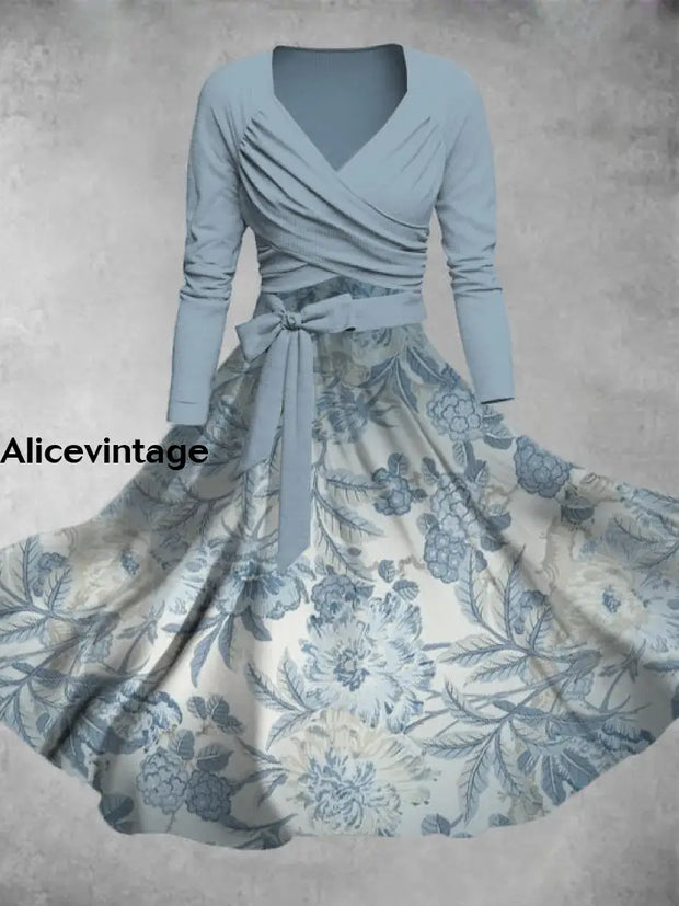 Floral Art Print V-Neck Long Sleeve Two Piece Vintage Midi Dress A / S