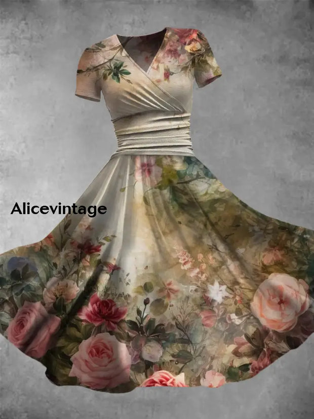 Floral Art Print V-Neck Short Sleeve Retro Midi Dress A / S