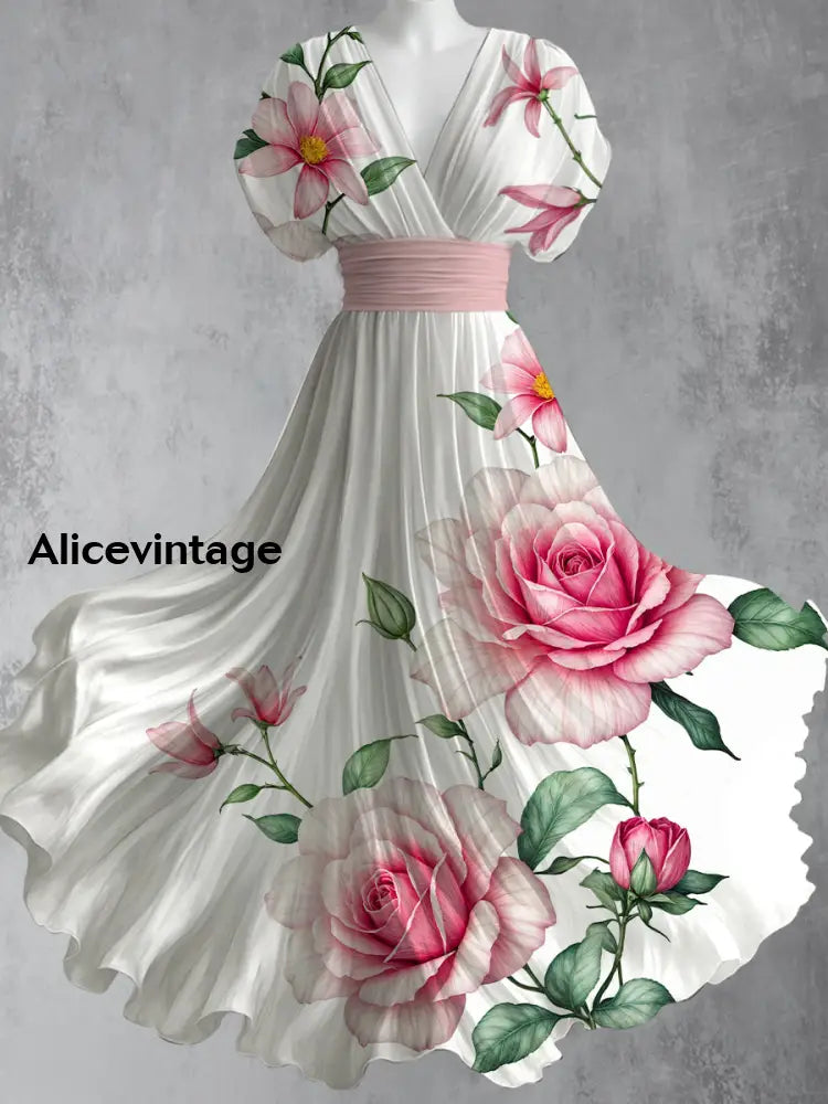 Floral Art Print V-Neck Short Sleeve Vintage Elegant Maxi Dress A / S