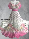 Floral Art Print V-Neck Short Sleeve Vintage Elegant Maxi Dress A / S