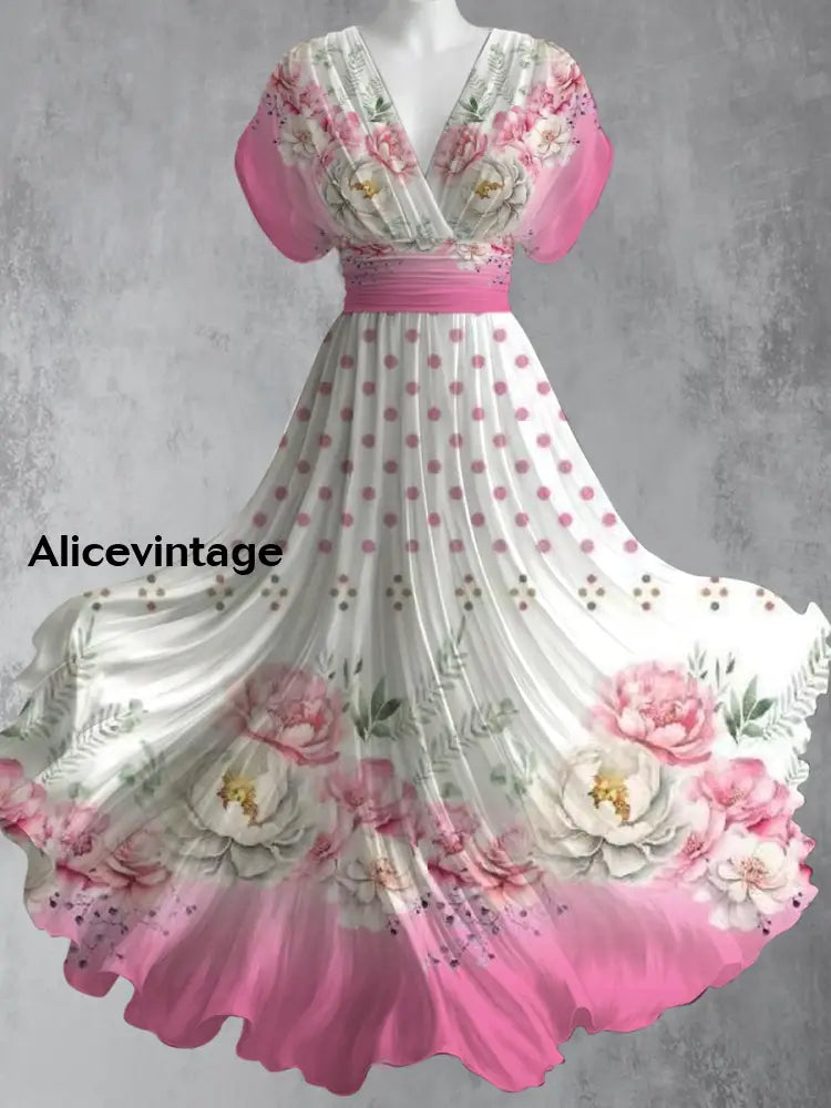 Floral Art Print V-Neck Short Sleeve Vintage Elegant Maxi Dress A / S
