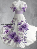 Retro Boho Floral Art Printed Elegant V-Neck Vintage Short Sleeve Maxi Dress A / S