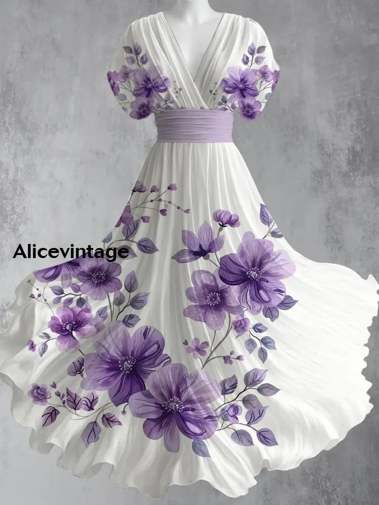 Retro Boho Floral Art Printed Elegant V-Neck Vintage Short Sleeve Maxi Dress A / S