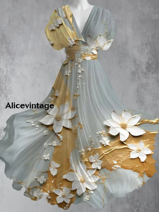 Floral Art Print V-Neck Short Sleeve Vintage Elegant Maxi Dress A / S