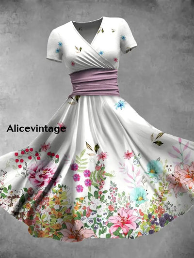 Vintage Bohemian Floral Print V Neck Elegant Chic Loose Short Sleeve Midi Dress A / S