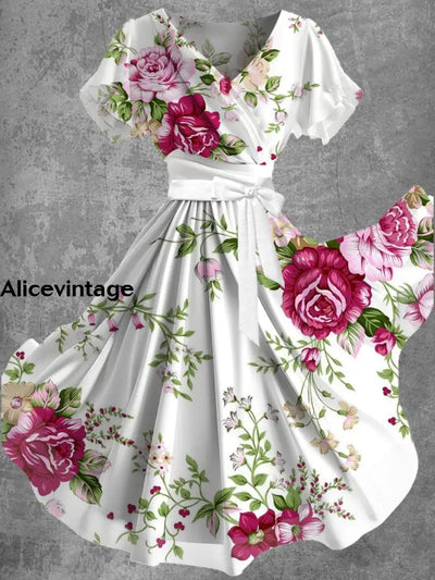 Floral Art Print V-Neck Short Sleeve Vintage Flowy Midi Dress A / S