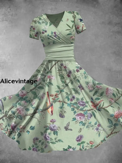 Floral Art Print V-Neck Short Sleeve Vintage Maxi Dress A / S