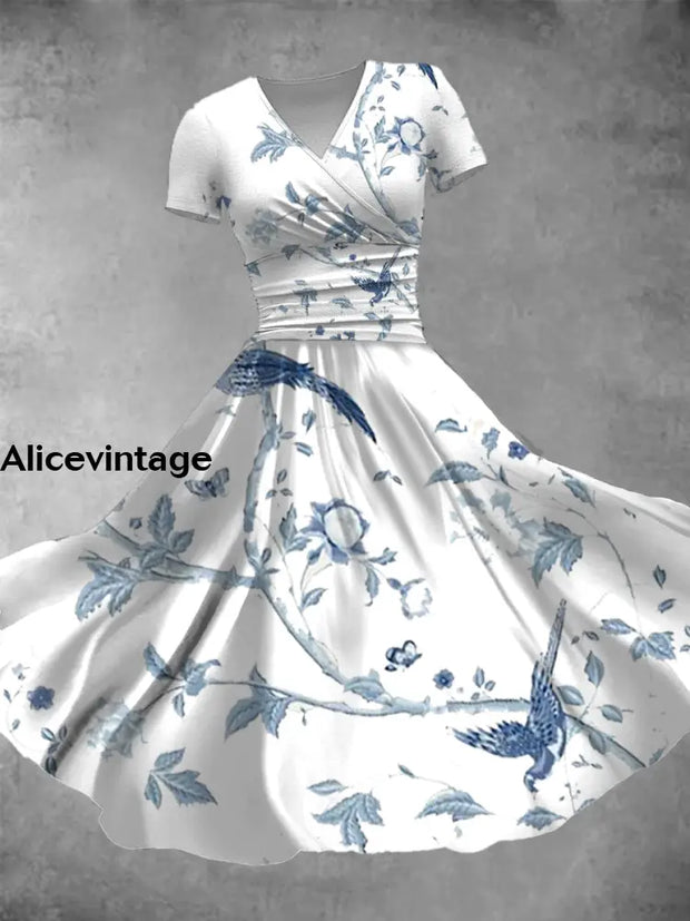 Floral Art Print V-Neck Short Sleeve Vintage Maxi Dress A / S