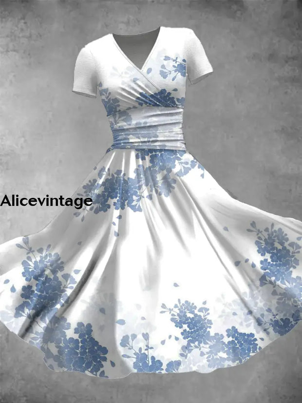 Floral Art Print V-Neck Short Sleeve Vintage Midi Dress A / S