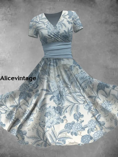 Floral Art Print V-Neck Short Sleeve Vintage Midi Dress A / S