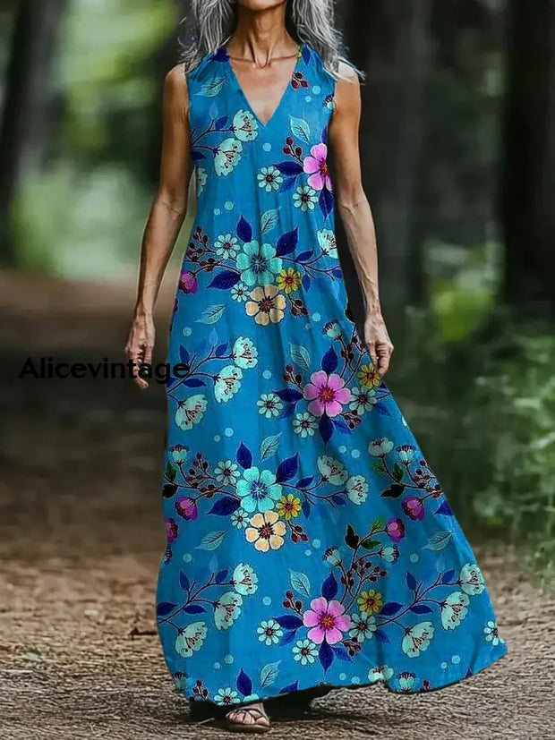 Women'S Clothing Digital Printing V-Neck Sleeveless Pleated Dress Long Dress