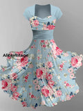 Floral Art Print V-Neck Vintage Chic Short Sleeve Midi Dress A / S