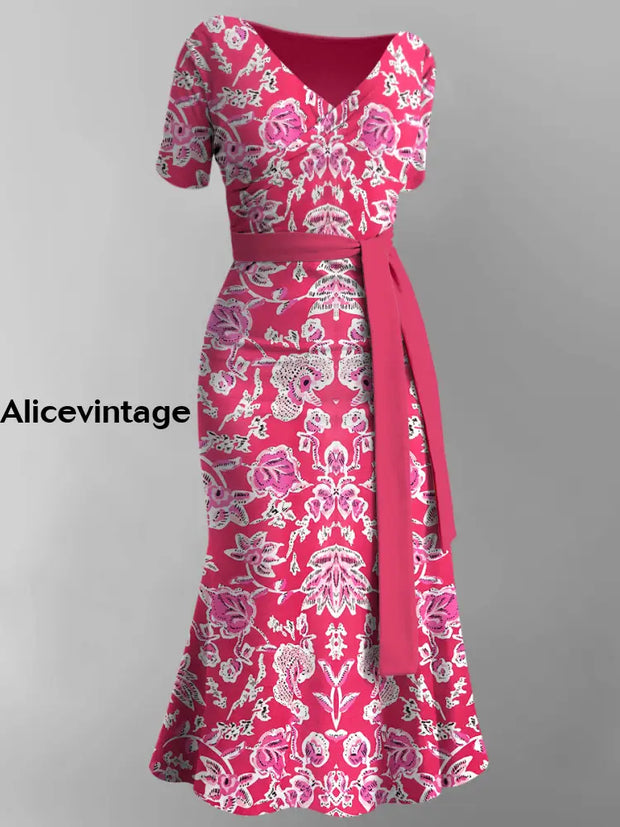 Floral Art Print V-Neck Vintage Chic Short Sleeve Midi Dress A / S