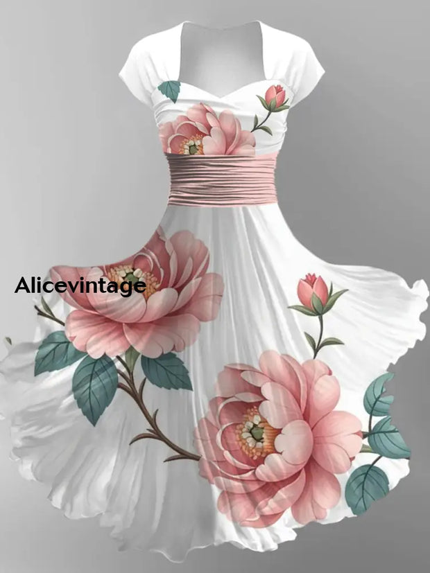 Floral Art Print V-Neck Vintage Chic Short Sleeve Midi Dress A / S