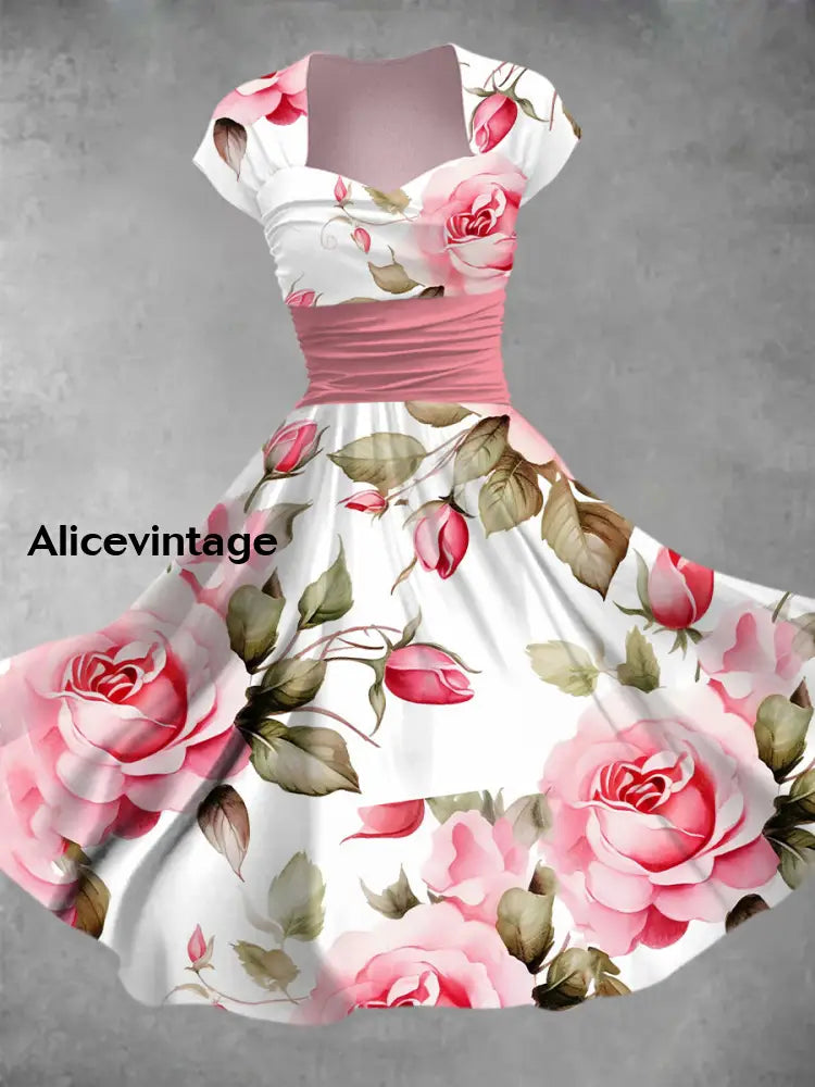 Floral Art Print V-Neck Vintage Chic Short Sleeve Midi Dress A / S