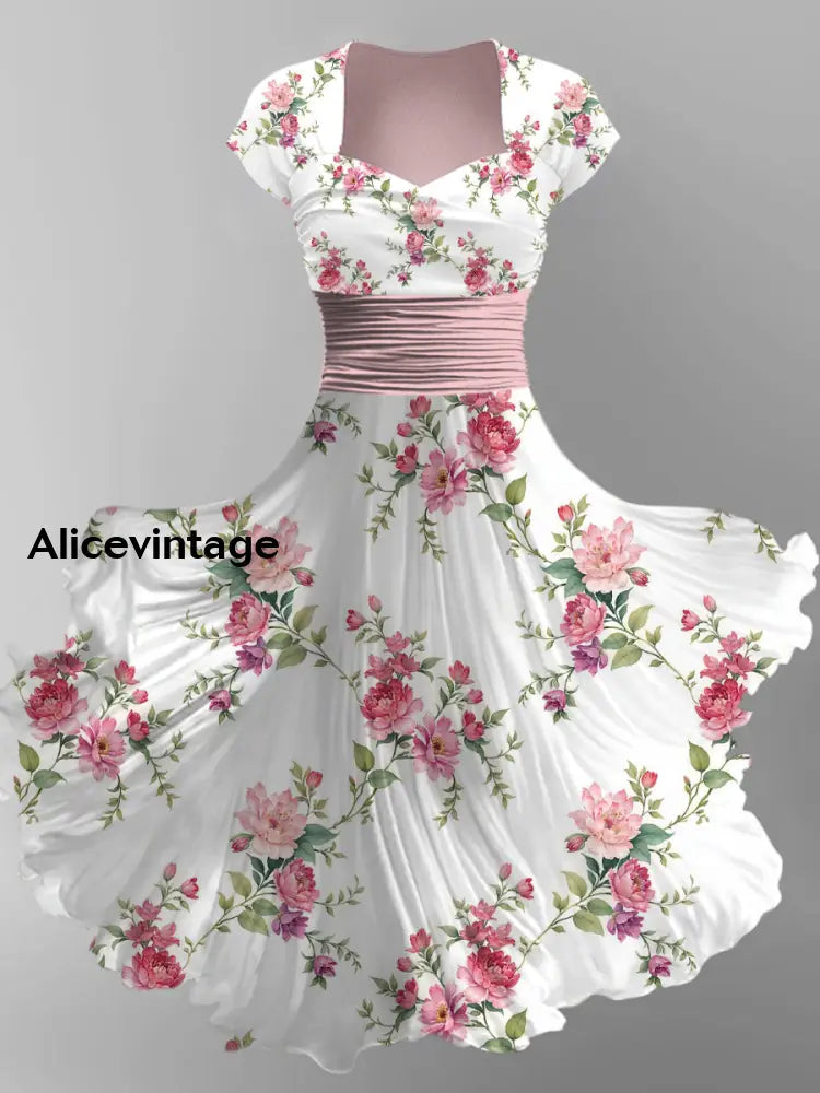 Floral Art Print V-Neck Vintage Chic Short Sleeve Midi Dress A / S