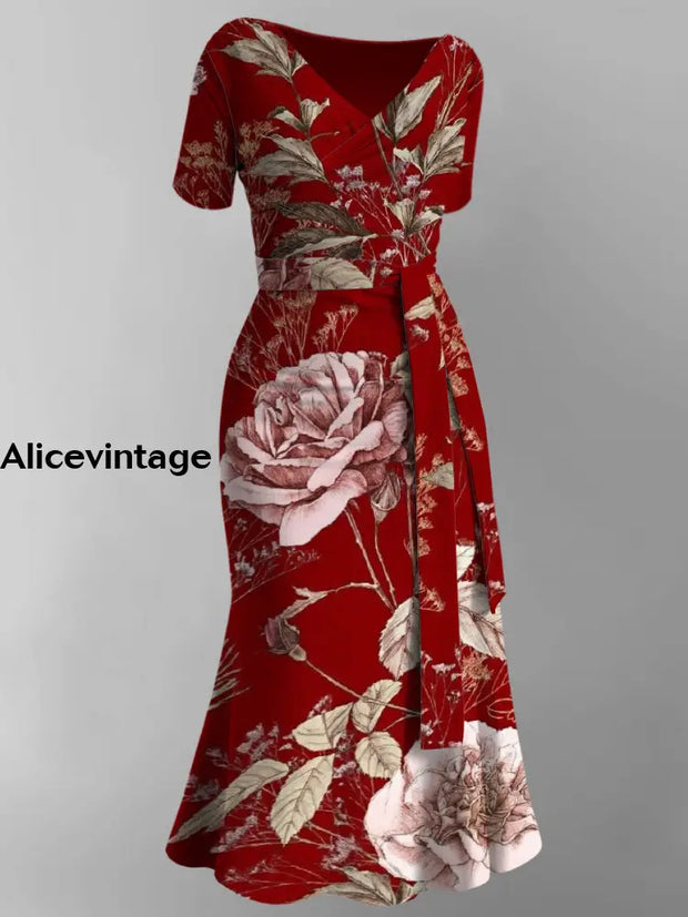 Floral Art Print V-Neck Vintage Chic Short Sleeve Midi Dress A / S