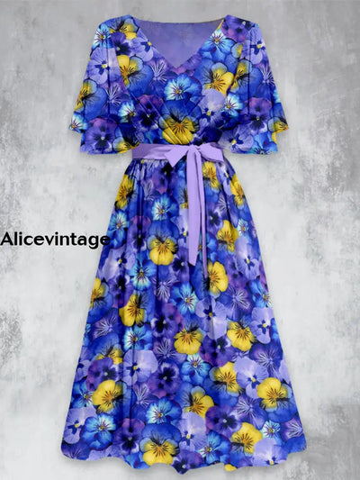 Floral Art Print V-Neck Vintage Chic Short Sleeve Midi Dress A / S