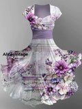 Floral Art Print V-Neck Vintage Chic Short Sleeve Midi Dress A / S