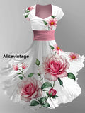 Floral Art Print V-Neck Vintage Chic Short Sleeve Midi Dress A / S