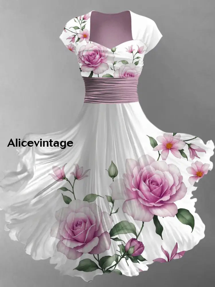 Retro Floral Art Printed Vintage V-Neck Pleated Waist Short Sleeve Midi Dress A / S