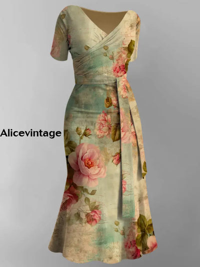 Floral Art Print V-Neck Vintage Chic Short Sleeve Midi Dress A / S