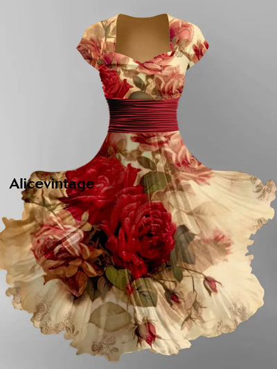 Retro Floral Art Printed Vintage V-Neck Pleated Waist Short Sleeve Midi Dress A / S