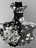 Floral Art Print V-Neck Vintage Chic Short Sleeve Midi Dress A / S