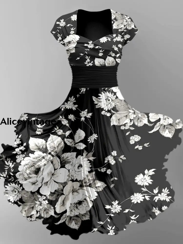 Floral Art Print V-Neck Vintage Chic Short Sleeve Midi Dress A / S