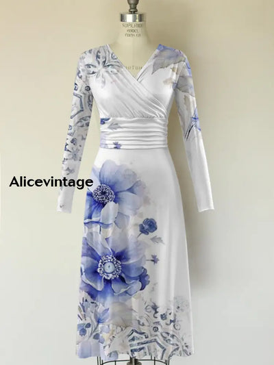 Floral Art Print V-Neck Vintage Fashion Long Sleeve Midi Dress A / S