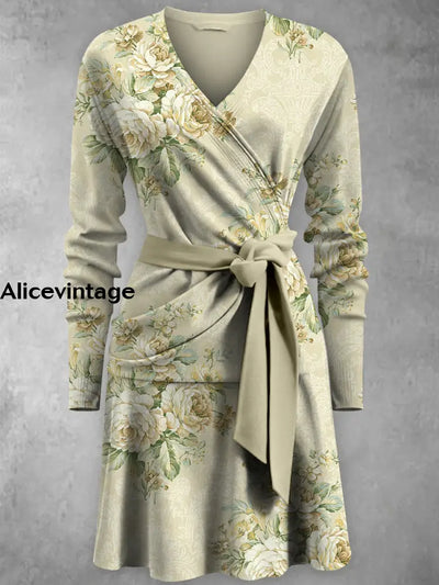 Floral Art Print V-Neck Vintage Fashion Long Sleeve Midi Dress A / S