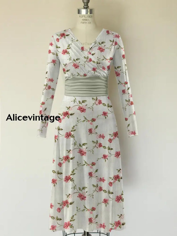 Floral Art Print V-Neck Vintage Fashion Long Sleeve Midi Dress A / S