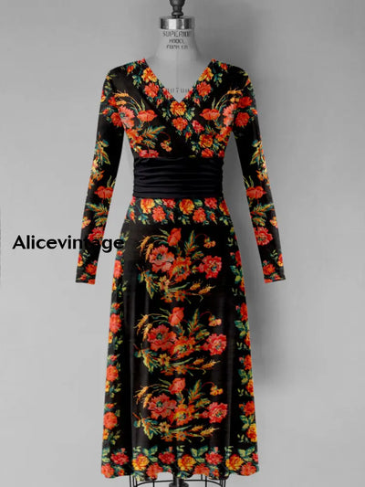 Floral Art Print V-Neck Vintage Fashion Long Sleeve Midi Dress A / S