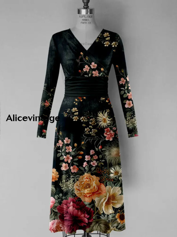 Floral Art Print V-Neck Vintage Fashion Long Sleeve Midi Dress A / S