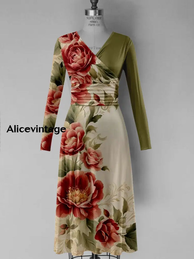 Floral Art Print V-Neck Vintage Fashion Long Sleeve Midi Dress A / S