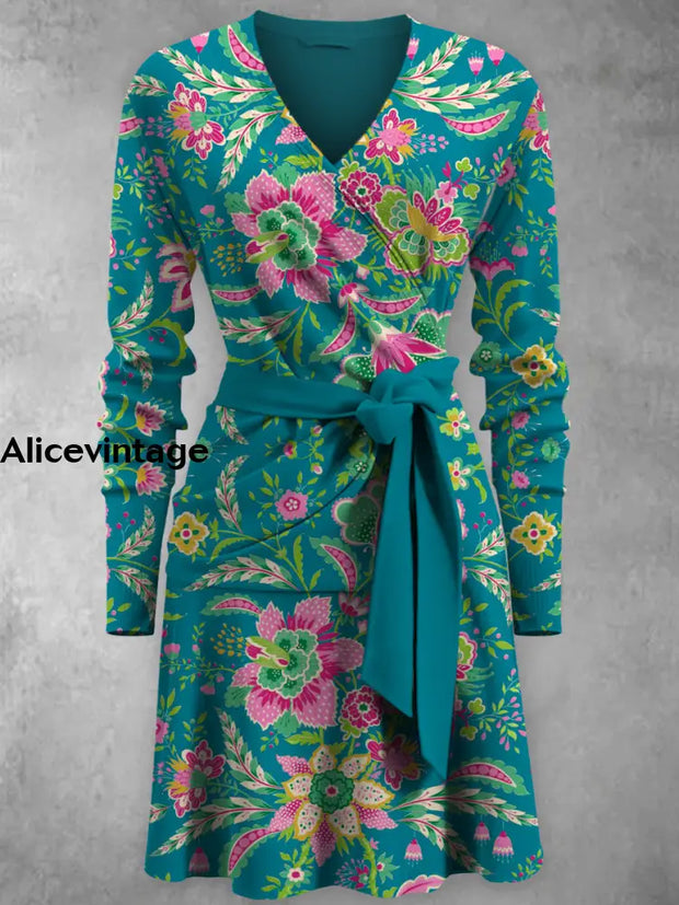 Floral Art Print V-Neck Vintage Fashion Long Sleeve Midi Dress A / S