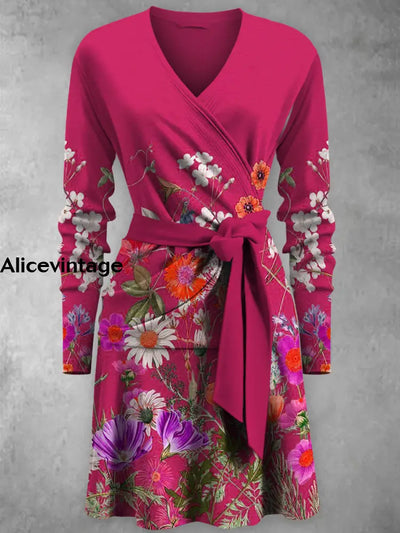 Floral Art Print V-Neck Vintage Fashion Long Sleeve Midi Dress A / S