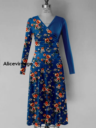 Floral Art Print V-Neck Vintage Fashion Long Sleeve Midi Dress A / S