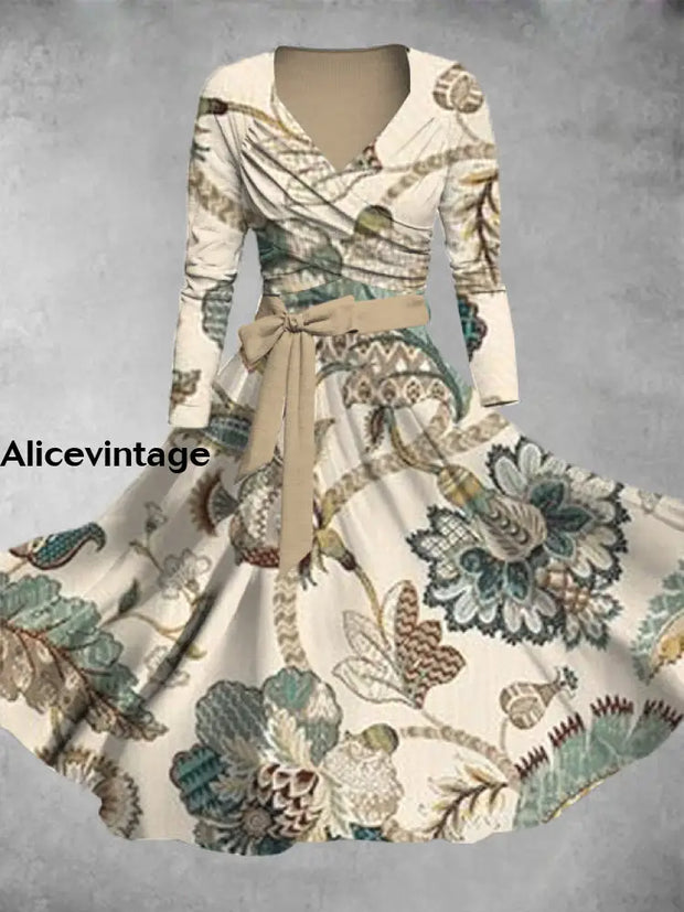 Floral Art Print V-Neck Vintage Fashion Long Sleeve Two Piece Midi Dress A / S