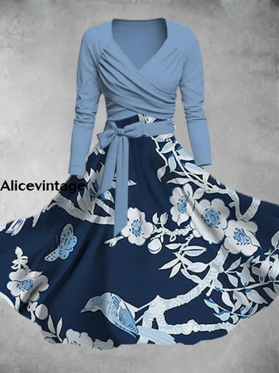 Floral Art Print V-Neck Vintage Fashion Long Sleeve Two Piece Midi Dress A / S