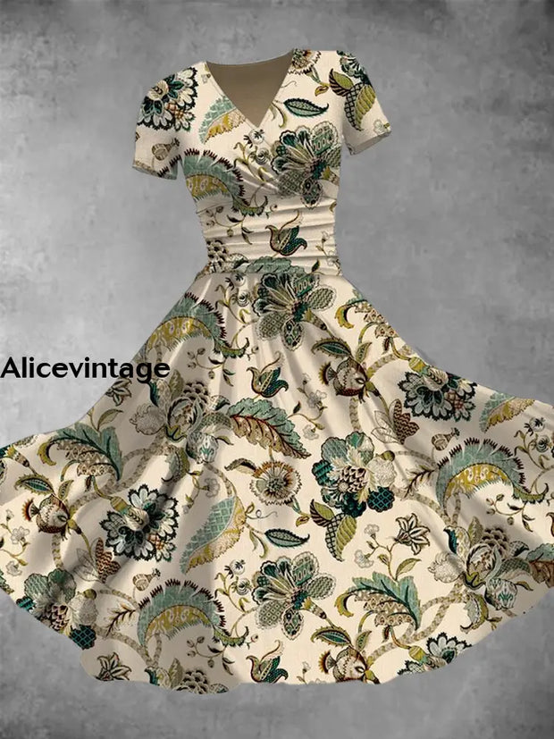 Floral Art Print V-Neck Vintage Fashion Short Sleeve Midi Dress A / S