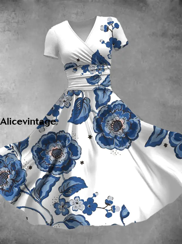 Floral Art Print V-Neck Vintage Fashion Short Sleeve Midi Dress A / S