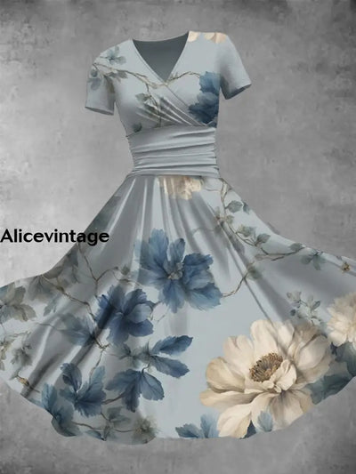 Floral Art Print V-Neck Vintage Fashion Short Sleeve Midi Dress A / S