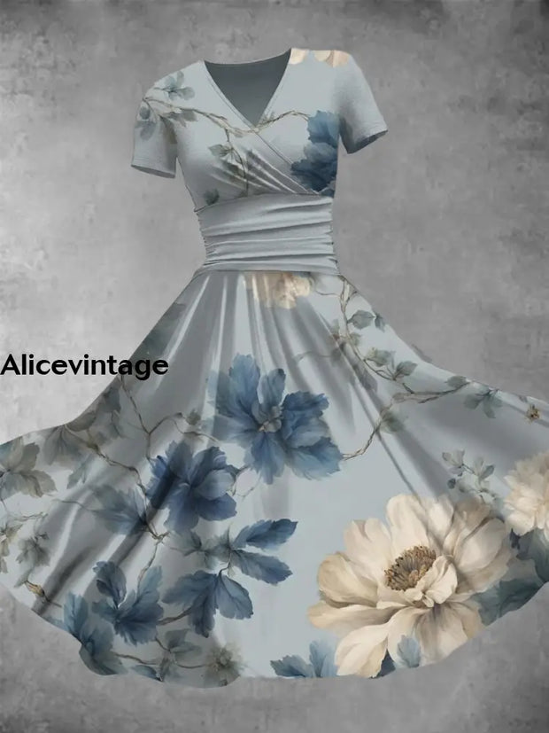 Floral Art Print V-Neck Vintage Fashion Short Sleeve Midi Dress A / S