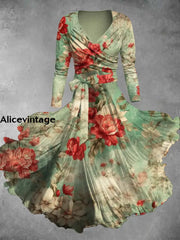 Floral Art Print Vintage Cross-Fold Long Sleeve Two-Piece Midi Dress